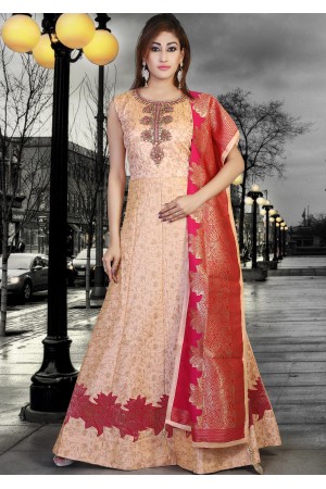 PEACH AND RED COLOR DESIGNER GOWN